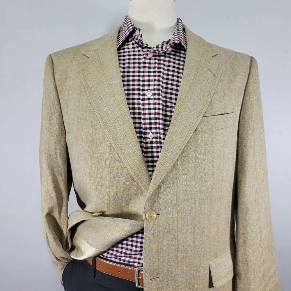 Hart‎ Schaffner Marx Men's Sport Coat Blazer Two Button Beige Plaid Size 44R